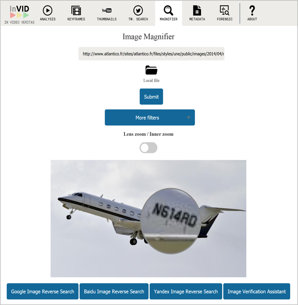 Screenshot of the Magnifier tool of the developed InVID Verification Plugin