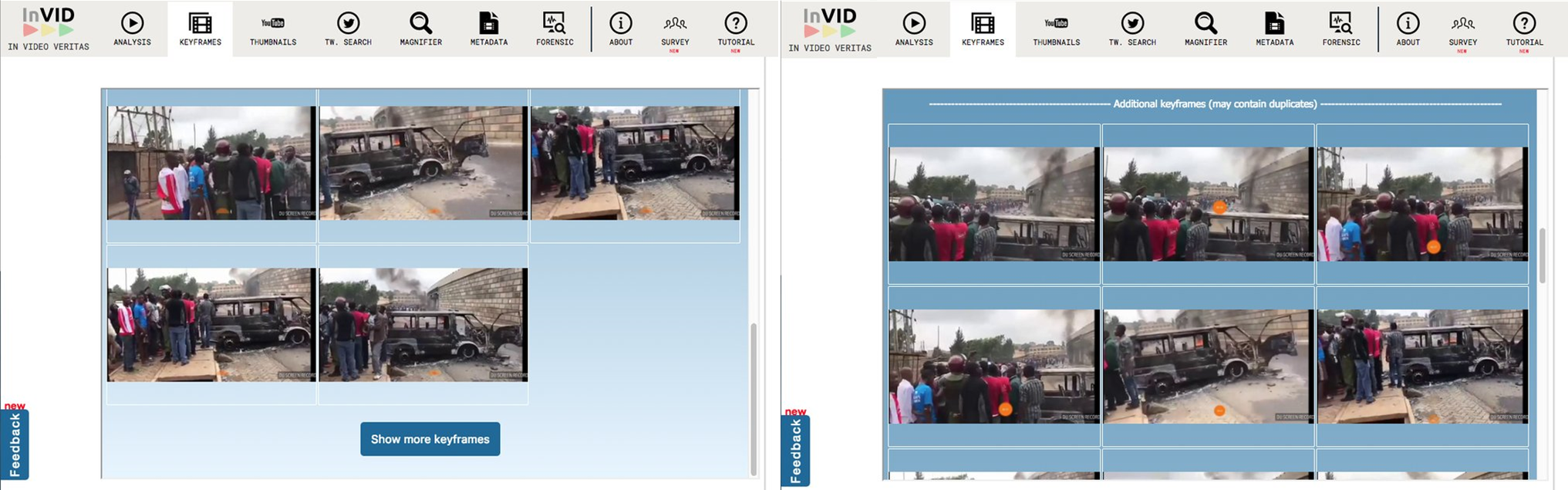 The video keyframe extraction tool offers additional keyframes for reverse image search (right image) after a user request via a simple button at the end of the initial collection of keyframes (left image)